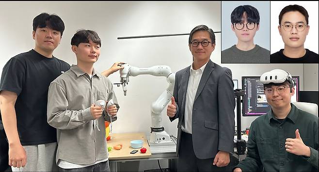 이번 연구를 수행한 KAIST 연구진. 강태웅(왼쪽부터), 형준하 박사과정, 주재걸 교수, 박민호 박사과정, 김기남(오른쪽 위 네모) 박사과정, 김도현 서울대 학부연구생. [KAIST 제공]