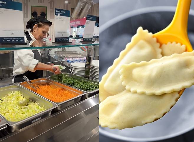 미국 피겨 스케이팅 에밀리 챈이 SNS에 올린 선수촌 식당(왼쪽), 코르티나 지역의 라비올리 파스타 [인스타그램, 123RF]