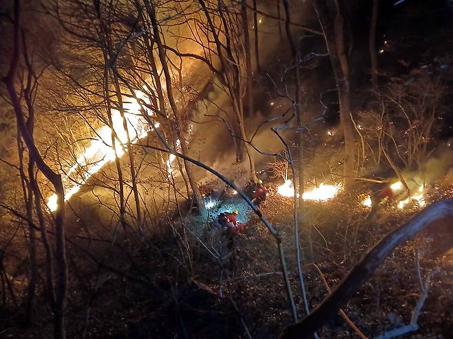산림당국이 23일 새벽 경남 함양군 마천면에서 산불 진화 작업을 벌이고 있다. ⓒ연합뉴스