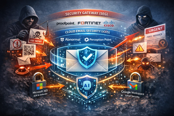 AI 기반 피싱과 BEC 등 고도화된 이메일 위협에 대응하는 멀티벤더 전략을 시각화한 이미지 / 챗GPT 생성