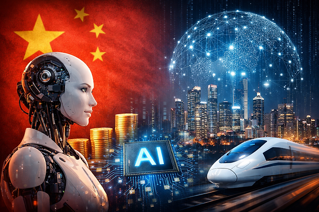 중국의 인공지능(AI) 산업 확대와 기술 경쟁 구도를 상징적으로 표현한 이미지. 챗GPT 생성 이미지