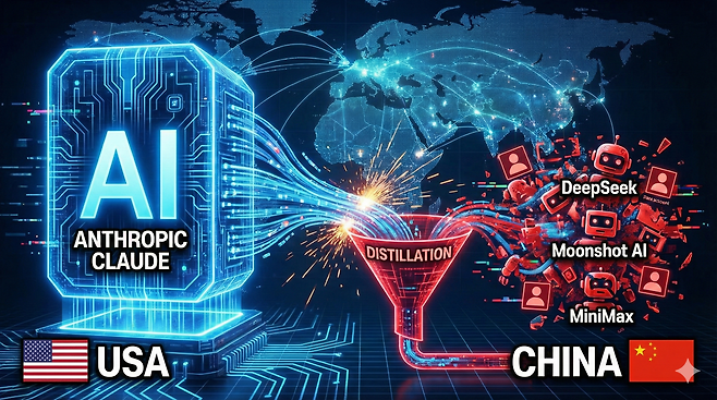 미국 앤트로픽의 ‘클로드(Claude)’ 모델 데이터가 ‘증류(Distillation)’ 과정을 거쳐 딥시크, 문샷 AI, 미니맥스 등 중국 AI 기업으로 추출되는 과정을 시각화한 그래픽. 제미나이(Gemini) AI 생성 이미지