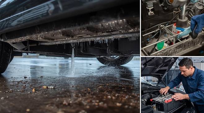 자동차 하부, 엔진룸, 정비공이 자동차 배터리를 점검하고 있다. 사진=AI 생성