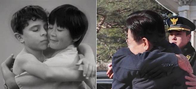 소년공이었던 어린 시절의 이재명 대통령과 루이스 이나시우 룰라 다시우바 브라질 대통령이 서로 껴안은 뒤 현재의 양 정상이 부둥켜안은 모습으로 바뀌는 인공지능(AI) 영상 일부. 사진 이재명 대통령 엑스 캡처