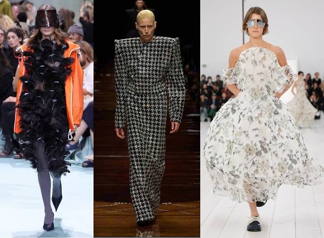 (왼쪽부터) 프라다와 발렌시아가, 로에베의 런웨이 의상들. 사진=각 사 홈페이지