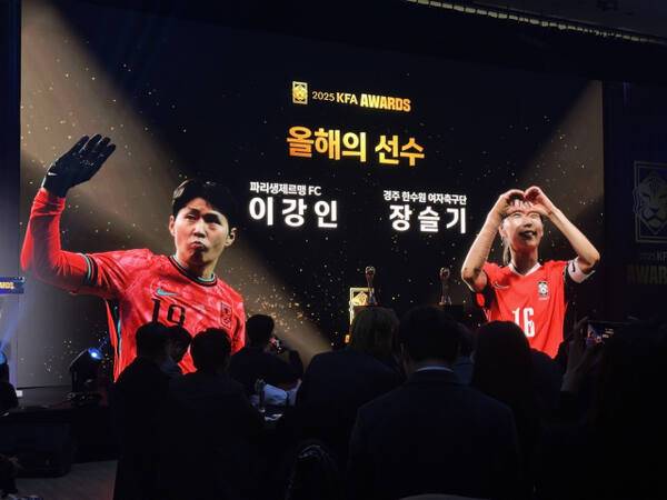 올해의 선수 남자 부문 수상자 이강인(왼쪽)과 장슬기. 연합뉴스