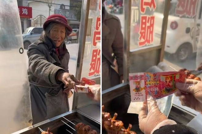경제적 어려움을 겪는 할머니에게 7년간 음식을 내어준 중국의 한 노점상 미담이 전해졌다. 노점상은 할머니에게 가짜 돈을 받고도 음식을 내어줬다. /사진=틱톡 갈무리