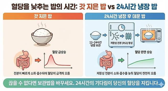 혈당을 낮추는 밥의 시간: 갓 지은 밥 vs 24시간 냉장 밥. 제미나이 생성 그래픽