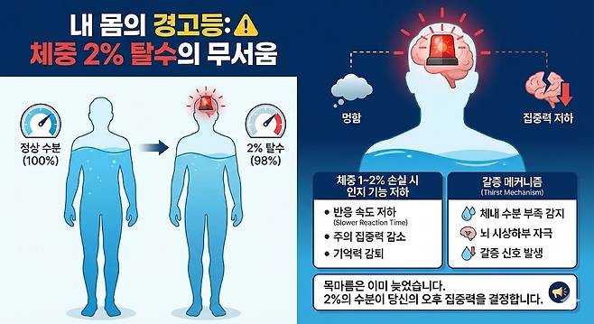 내 몸의 경고등: 체중 2% 탈수의 무서움. 제미나이 생성 그래픽