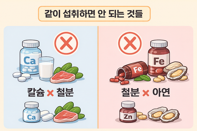 칼슘과 철분, 철분과 아연은 함께 복용할 경우 흡수율이 떨어질 수 있어 일정 시간 간격을 두는 것이 권장된다. 사진은 영양제 간 상호작용을 설명하기 위한 인공지능(AI) 생성 이미지