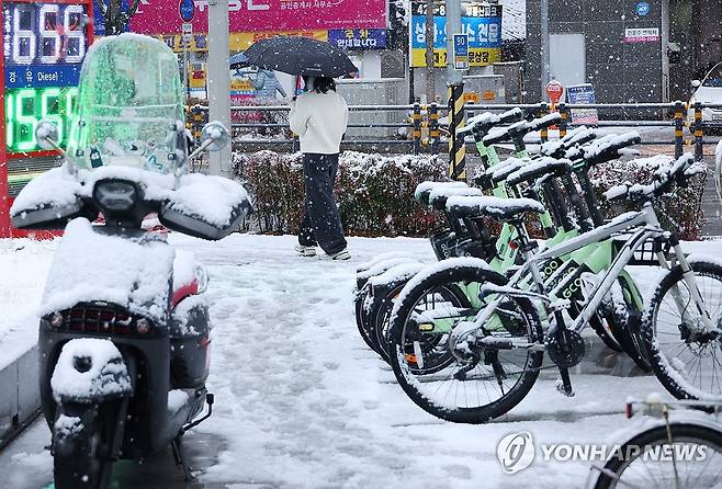 '대구 도심에 쌓인 눈' (대구=연합뉴스) 박세진 기자 = 24일 대구에 대설주의보가 발효된 가운데 중구 도심에 눈이 쌓이고 있다. 2026.2.24 psjpsj@yna.co.kr