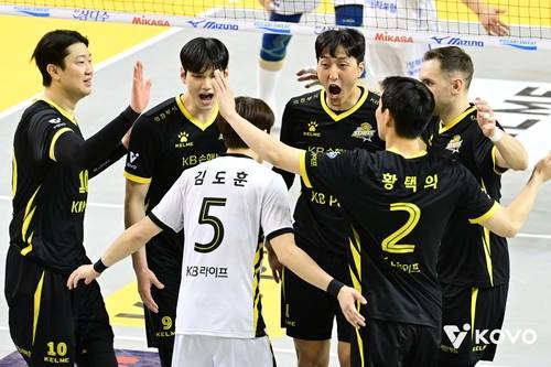 득점 후 기뻐하는 KB손해보험 선수들 [한국배구연맹 제공. 재판매 및 DB 금지]