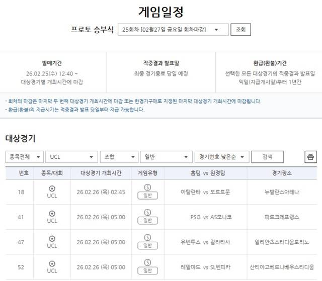 프로토 승부식 25회차, 2025-2026 UEFA UCL 녹아웃 라운드 PO 2차전 대상 경기.
