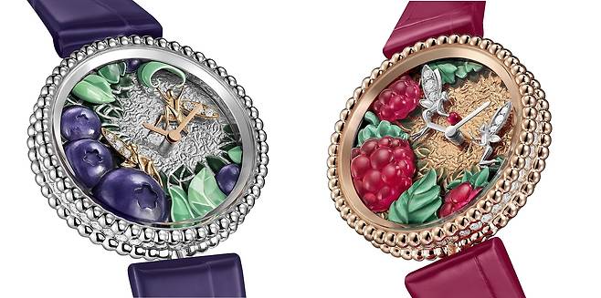 '뻬를리 엑스트라오디네리 프뤼 앙샹떼 미르티유'(왼쪽)과 '뻬를리 엑스트라오디네리 프뤼 앙샹떼 프랑부아즈'. 베리류의 싱그러움과 브랜드를 상징하는 요정 모티브를 전통적인 장식기법을 동원해 담았다. 사진 반클리프 아펠