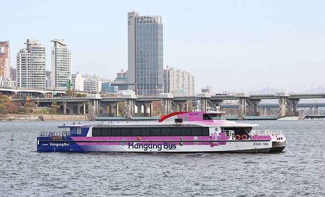 The Hangang Bus ferry sits stranded after running aground near Jamsil Pier in Songpa District, southern Seoul, on Nov. 17, 2025, after veering off course into shallow waters. [YONHAP]