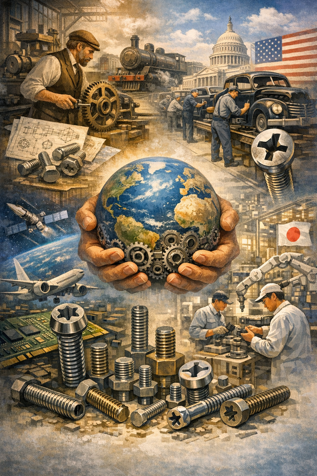 20세기 패스너 산업의 표준 흐름과 K-패스너 표준의 필요성을 형상화한 AI 이미지.