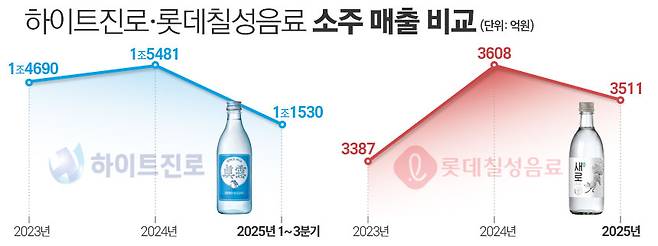 하이트진로, 롯데칠성음료 소주 매출 추이. / 표=김은실 디자이너