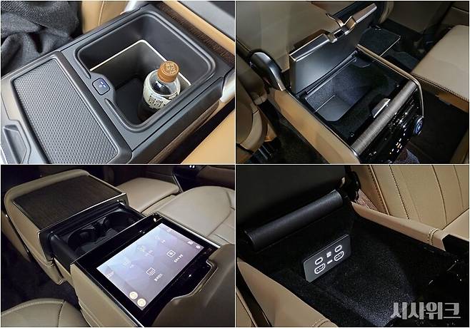 랜드로버 레인지로버 LWB P530 오토바이오그래피 5인승 모델 주요 수납공간. 1열 암레스트 내부 콘솔박스는 냉장기능을 지원하며, 500㎖의 음료 페트병도 세워서 보관이 가능하다.&nbsp; 2열 암레스트 수납공간에는 C타입 및 HDMI 잭이 설치돼 있어 태블릿이나 노트북 충전부터 영상을 1열 뒤에 설치된 모니터를 통해 송출할 수도 있다. / 제갈민 기자