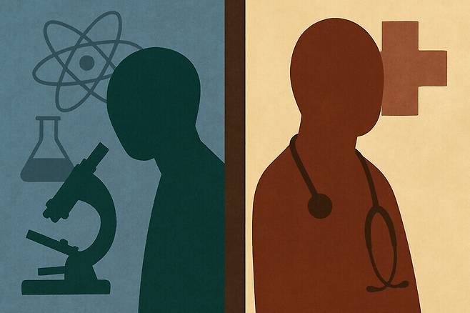 생성형 인공지능(AI) ‘챗지피티\'에게 “서로 등을 맞대고 서 있는 인간의 실루엣을 그려주고, 왼쪽 인물은 과학을 상징하도록, 오른쪽 인물은 의학을 상징하도록 그려줘”라는 지시어를 입력해 생성한 이미지.