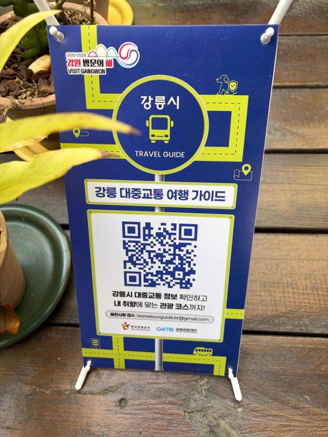 강원 강릉시 유명 카페에 놓인 강릉시 대중교통 여행 가이드 큐알(QR) 코드 안내판. 중국어 번역은 제공되지 않는다. 리칭 제공