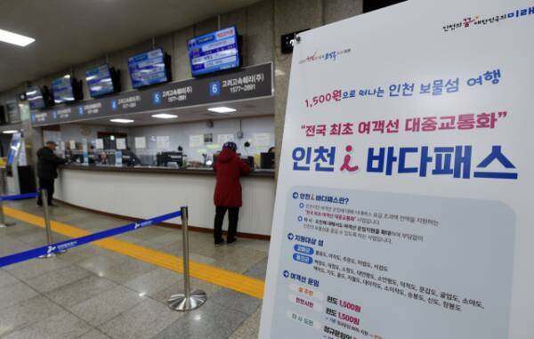 인천 중구 연안여객터미널 대합실에 인천 바다패스(i-바다패스) 안내문이 걸려 있다. 인천시 제공