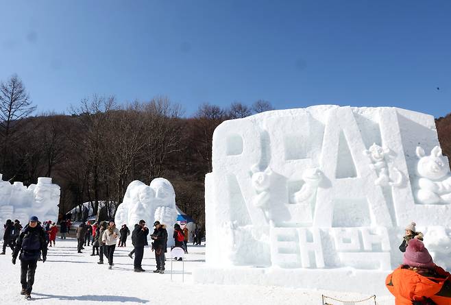 1일 강원 태백시 태백산 국립공원 당골광장 일원에서 열린 ‘제33회 태백산 눈축제’에서 관광객들이 대형 눈 조각 작품들을 관람하고 있다. [연합]