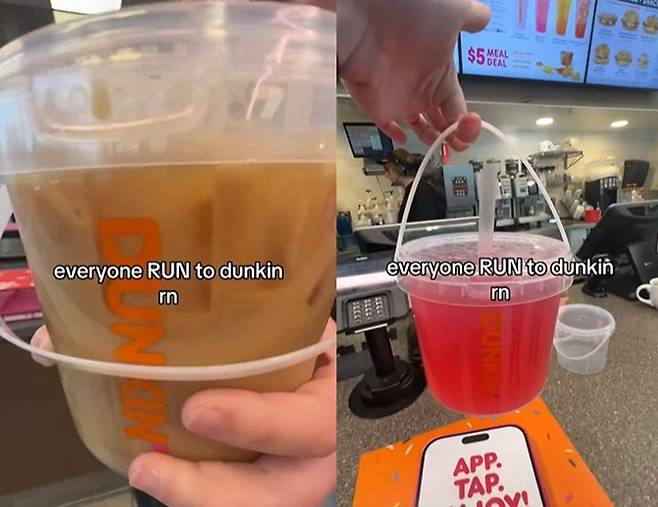 [뉴시스] 최근 커피·도넛 브랜드 던킨이 일부 매장에서 1.4ℓ에 달하는 '양동이(버킷) 음료'를 판매해 화제를 모으고 있다. (사진=틱톡 갈무리) *재판매 및 DB 금지