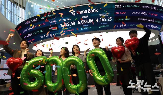 코스피가 종가 기준 사상 처음 6000선을 돌파한 25일 오후 서울 중구 하나은행 본점 딜링룸에서 직원들이 축하 세리머니를 하고 있다. 이날 코스피지수는 114.22p(1.91%)상승한 6,083.86에 장을 마감했다. 박종민 기자