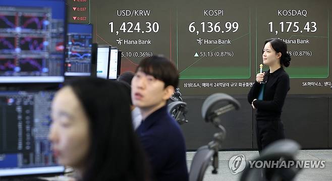 원/달러 환율, 기준금리 발표 앞두고 하락…1,424원대 (서울=연합뉴스) 김주형 기자 = 코스피가 상승세를 이어가며 6,140대를 나타낸 26일 서울 중구 하나은행 본점에서 직원들이 증시와 환율을 모니터하고 있다. 
    코스피는 전장보다 37.17포인트(0.61%) 오른 6,121.03, 코스닥은 10.01포인트(0.86%) 상승한 1,175.26으로 출발했다. 원/달러 환율 3.1원 내린 1,426.3원이다. 2026.2.26 kjhpress@yna.co.kr