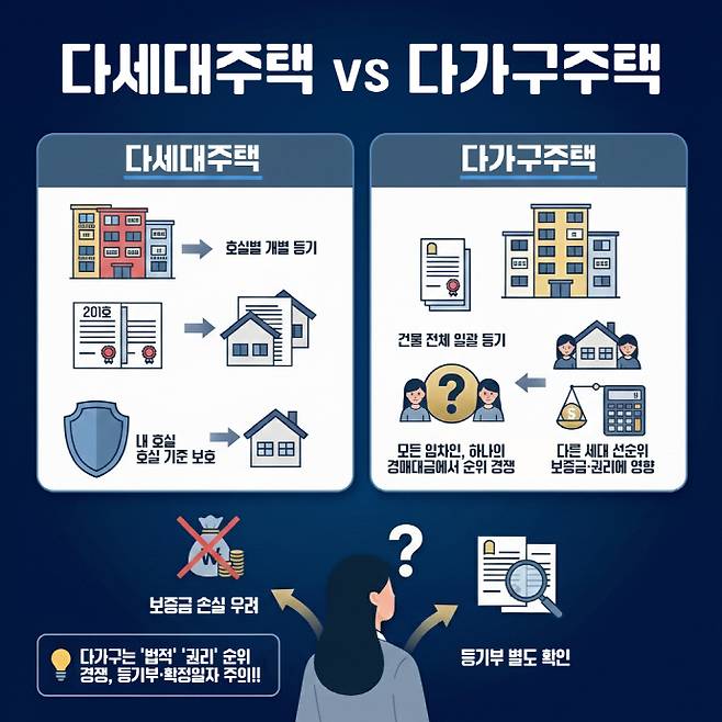 다세대주택은 호실별 개별 등기로 독립 보호받지만, 다가구주택은 건물 전체가 하나의 등기로 묶여 모든 임차인이 경매 배당금을 놓고 순위를 다투는 만큼 등기부·확정일자 확인이 필수다./남도일보·AI 생성 이미지