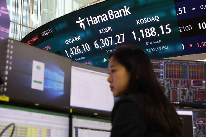 코스피가 사상 최고치 랠리를 이어가며 전장보다 223.41포인트(3.67%) 오른 6,307.27에 장을 마감한 지난 26일 서울 하나은행 본점 딜링룸에서 딜러가 업무를 보고 있다.(사진=연합뉴스)