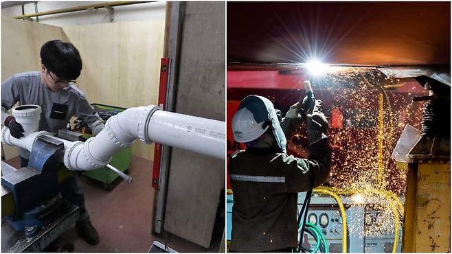 세계적으로 고임금을 받는 블루칼라 직업군(생산·기능직 노동자)이 떠오르고 있다. 고령화로 인해 숙련공이 부족해지자 임금이 크게 올랐고, 사무직을 선호하던 20~30대 역시 현장직에 큰 관심을 보이고 있다. 사진은 지난 2023년 부산에서 열린 기능경기대회에 참가한 배관공(왼쪽)과 국내 한 조선소에서 용접 작업을 하고 있는 숙련공(오른쪽)의 모습. /김동환·안상현 기자
