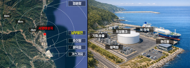 ▲ 글로벌 액체수소 공급 인프라 건설 기술개발 사업 대상지 위치도 및 조감도. 강원도 제공