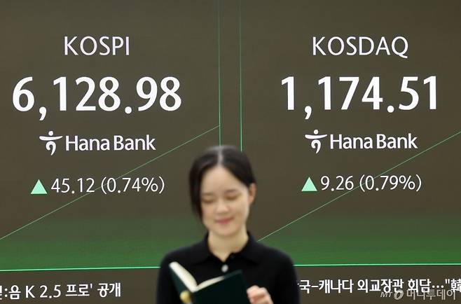 [서울=뉴시스] 배훈식 기자 = 26일 오전 서울 중구 하나은행 딜링룸 전광판에 코스피가 전 거래일보다 24.77 포인트(0.41%) 오른 6108.63 포인트를 나타내며 상승 출발하고 있다. 코스닥 지수는 9.26 포인트(0.79%) 오른 1174.51 포인트. 2026.02.26.