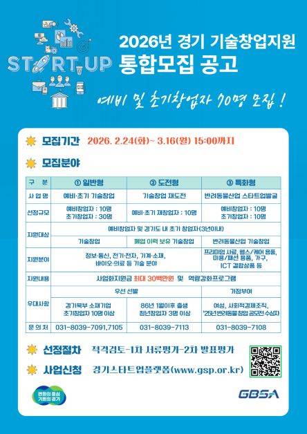 ▲‘2026 경기 기술창업 지원사업’ 안내문 ⓒ경기도