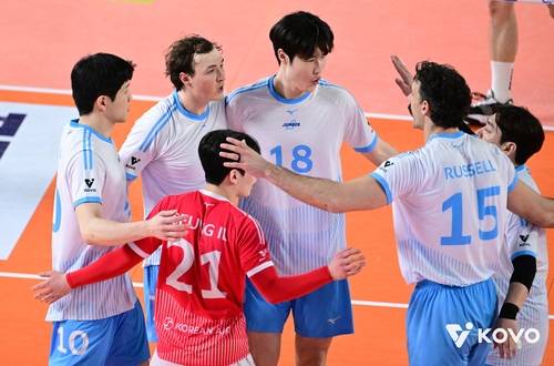 득점 후 기뻐하는 대한항공 선수들 [한국배구연맹 제공. 재판매 및 DB 금지]