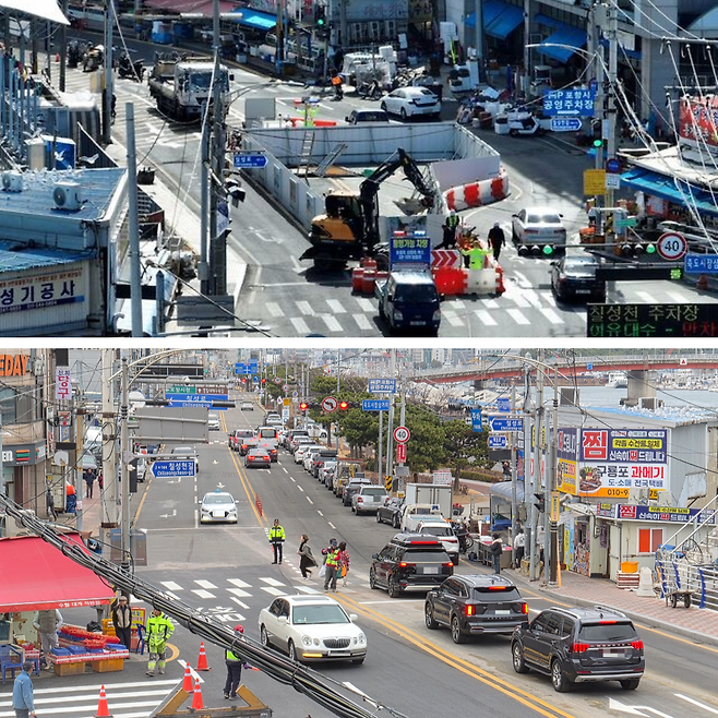 (위) 지난 2025년 2월, 지반 침하 사고로 도로 일부가 통제된 포항 죽도시장 인근 동빈교 공사 현장. 당시 극심한 교통 체증과 공사 소음으로 시민과 상인들이 큰 불편을 겪었다. (아래) 28일 오후, 543일간의 재가설 공사를 마치고 전면 개통된 동빈교 위로 차량들이 왕복 4차로를 따라 통행하고 있다.