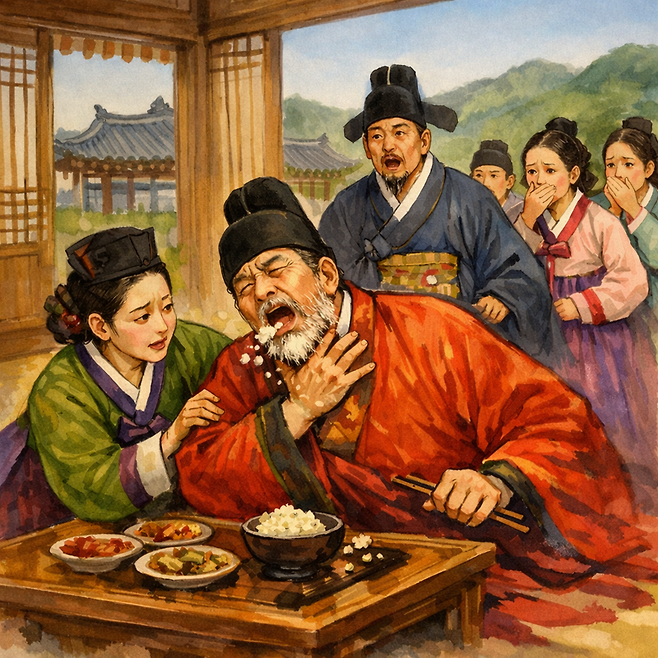 선조는 만성적인 폐병을 앓다가 찰쌀 밥을 먹던 중 질식하는 사고가 발생한다. 역사학자들 사이에 독살(毒殺)이라는 말들도 있지만, 만성적인 폐병에 뒤따른 급성 호흡부전에 의한 병사(病死) 또한 배제할 수 없다. 챗GPT에 의한 AI생성 이미지.