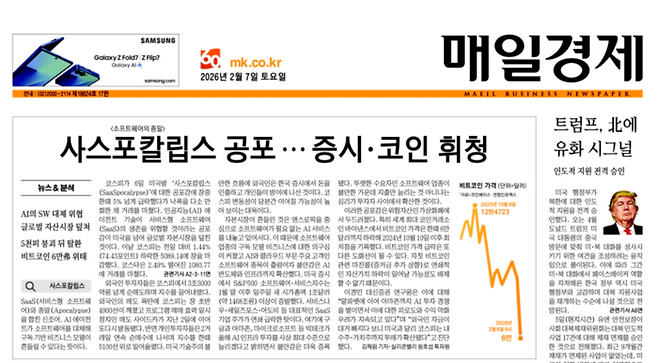 매일경제신문사가 2026년 2월 7일자 1면으로 사스포칼립스 공포를 보도하고 있다. <매경DB>