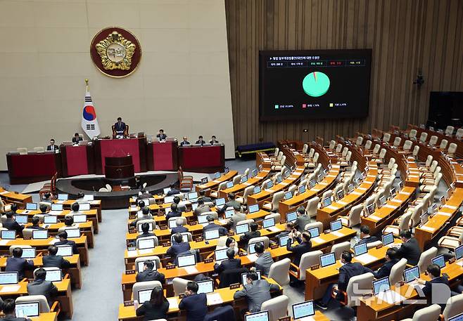 [서울=뉴시스] 김금보 기자 = 지난 26일 오후 서울 여의도 국회에서 열린 제432회 국회(임시회) 제8차 본회의에서 형법 일부개정법률안(대안)에 대한 수정안이 재적 296인 재석 170인 찬성 163인 반대 3인 기권 4인으로 가결되고 있다. 2026.02.26. kgb@newsis.com