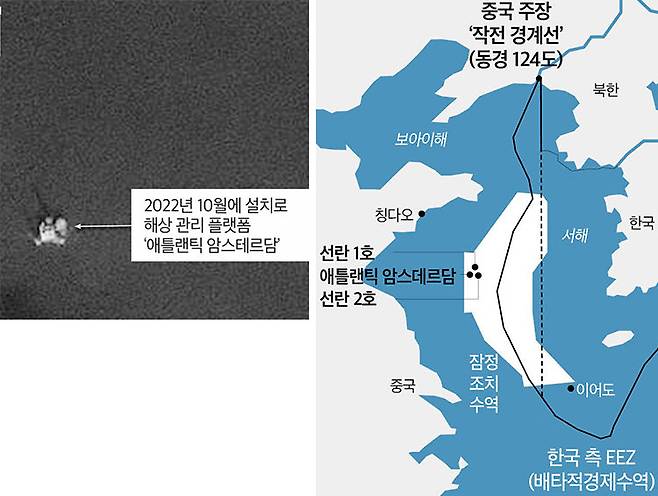 중국이 서해 한중 잠정조치수역(PMZ·공동관리수역)에 설치한 해상 관리 플랫폼 ‘애틀랜틱 암스테르담’ 위성사진. 해당 구역에서 이동 몇 시간 전인 1월 27일 오전 11시 37분께(한국 시간) 촬영됐다. 뉴스1
