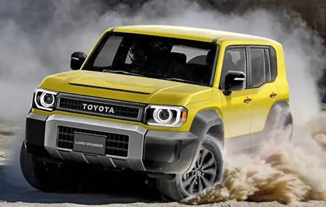 노란색 토요타 랜드 크루저 FJ SUV가 비포장 도로에서 모래먼지를 일으키며 주행하는 렌더링 이미지