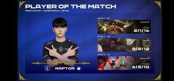 28일 홍콩 카이탁 아레나에서 열린 '2026 LCK컵' 대회 최종 결승 진출전 3세트에서 BNK 피어엑스가 디플러스 기아를 3대 0으로 완파했다. (BNK 피어엑스 & DK =3:0)/POM=RAPTOR). /사진=네이버 치지직 라이브영상 캡처