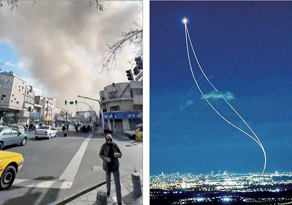 테헤란 폭격 맞은 이란 반격… 이스라엘 방공망 가동 지난달 28일(현지시간) 이란 수도 테헤란에서 미국·이스라엘의 공습으로 연기가 피어오르는 가운데(왼쪽 사진) 같은날 이스라엘 중부에서 이란 미사일을 요격하는 방어체계(오른쪽 사진)가 작동하고 있다. 양 진영은 1일까지 상대를 향한 공습을 이어갔으며 추가 공격을 예고했다. AFP로이터연합뉴스