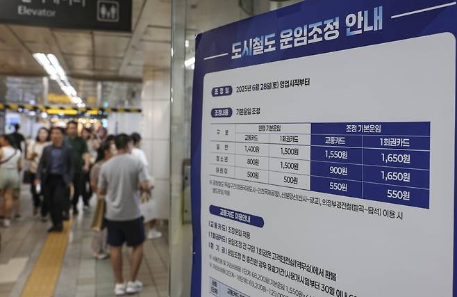 서울 지하철 2호선 을지로입구역에 도시철도 운임조정 안내문이 붙어 있다.사진=한경 임형택 기자