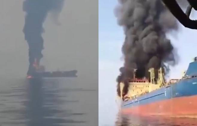 세계 최대 원유 수송로인 호르무즈 해협에서 유조선이 피격돼 침몰한 것으로 전해졌다. /사진=SNS 캡처