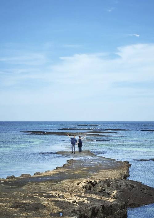떠오르길은 간조시간 때마다 초록 카펫의 바닷길이 열려서 김녕 바닷속으로 걸어가는 듯 멋진 인생샷을 남길 수 있는 환상적인 사진 명소이다. 따로 주소가 등록되어있지 않아 봉지동복지회관(제주시 구좌읍 김녕로1길 51-3)으로 검색하여 찾아가면 된다. /제주관광공사 제공