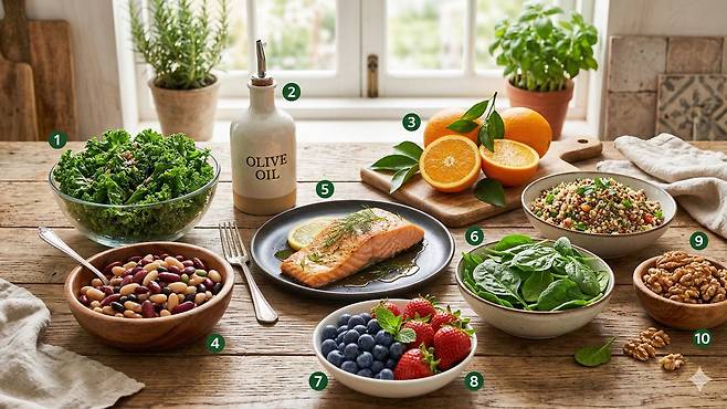올리브오일, 콩, 블루베리 등은 연골과 뼈 건강 관리에 도움이 될 수 있다|출처: Gemini 생성