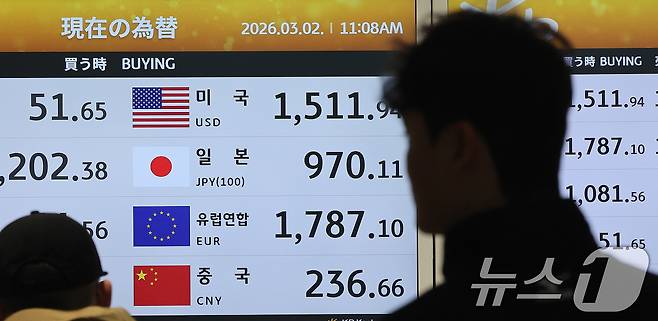 2일 인천국제공항 환전소 전광판에 원·달러 환율 시세가 나타나고 있다. 2026.3.2 ⓒ 뉴스1 박지혜 기자