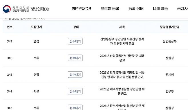 청년인재DB 누리집에서 발견할 수 있는 '정부ᐧ공공기관 청년인턴' 모집 공고다. 1월 말부터 활발히 모집 중이다.